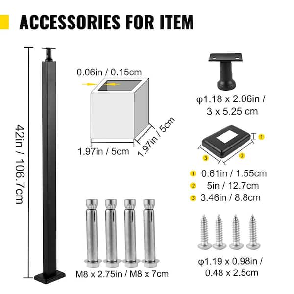 VEVOR Deck Railing 42 in. x 1.97 in. x 1.97 in. Cable Railing Post without Hole Stainless Stair Handrail with Mounting Bracket