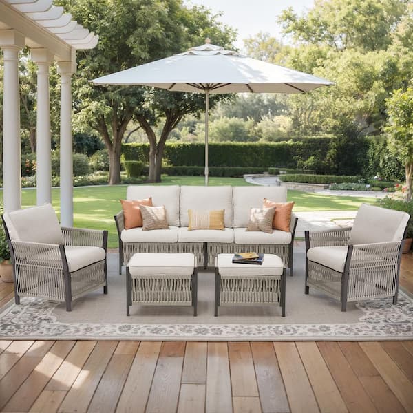 Nyajiah 5-Piece Wicker Outdoor Patio Conversation Set with Beige Cushions
