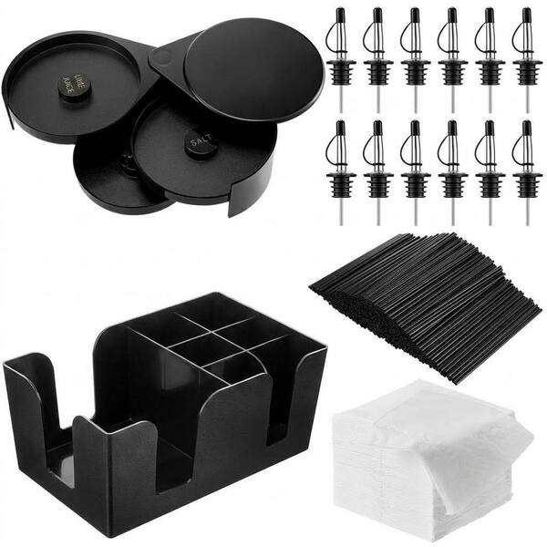 3-Tier Glass Rimmer Set with 12 Stainless Steel Bottle Pourers, 6-Compartment Caddy, 1,000 Stirrers and 200 Napkins