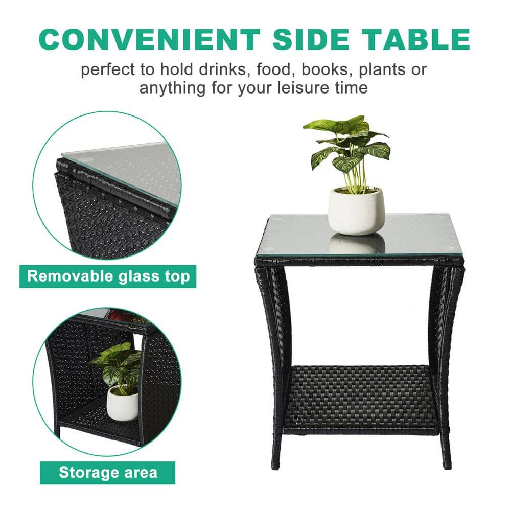 Karl Black Wicker Square Outdoor Accent Table with Glass Top