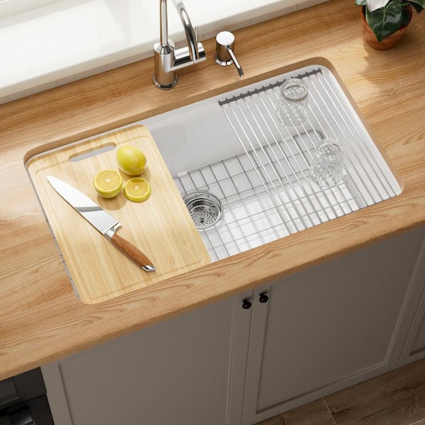 33 In. Workstation Kitchen Sink Single Bowl Undermount White Fireclay Kitchen Sink Workstation Kitchen Sink Drop In