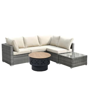 Sanibel Gray 6-Piece Wicker Outdoor Patio Conversation Sofa Set with a Wood-Burning Fire Pit and Beige Cushions