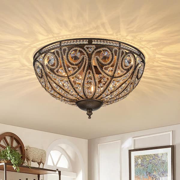 HUOKU Iridescent 13 in. 3-Light Modern Flush Mount Vintage Flower Ceiling Light With Crystal Accents for Corridor