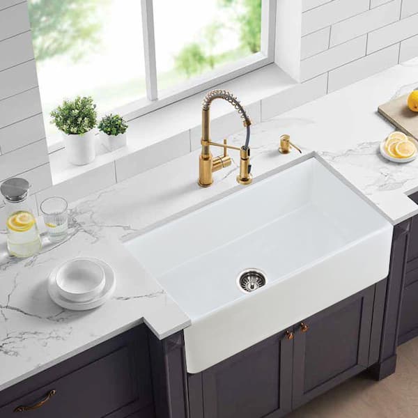 Eridanus Yorkshire Crisp White Fireclay 30 in. Single Bowl Farmhouse Apron Workstation Kitchen Sink with Accessories