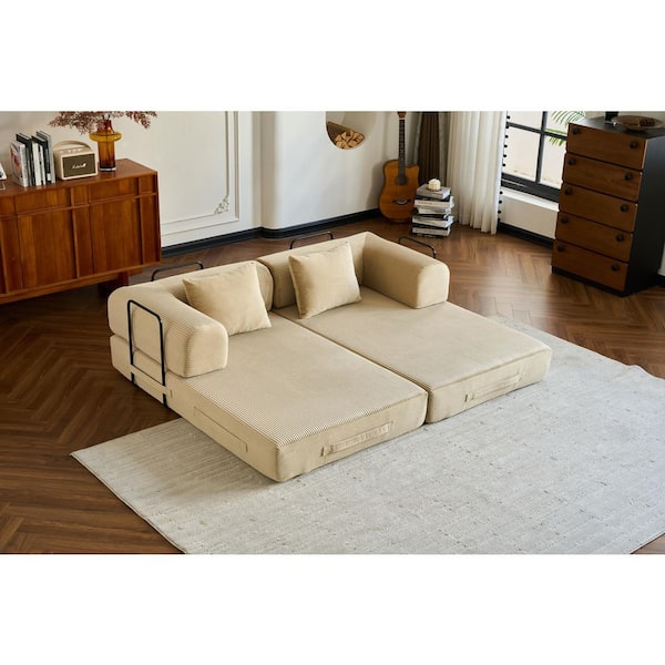 59.05 in. Beige Striped Corduroy Twin Size Convertible Sofa Bed
