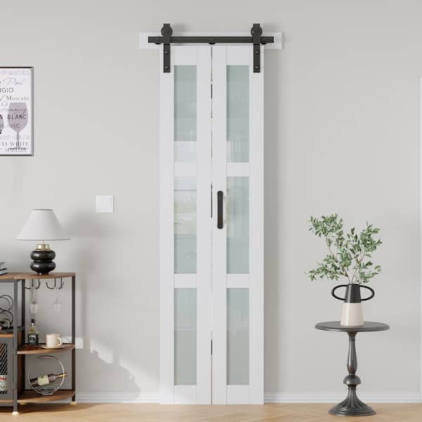 24 in. x 84 in. 3/4 Lite Frosted Glass Solid Core MDF Wood White Bi-Fold Door with Hardware
