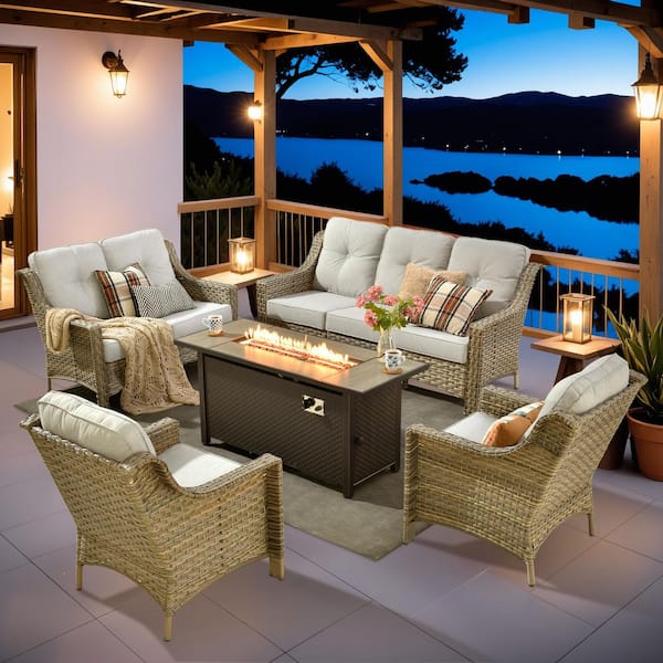 Caodoc Harpera 5-Piece Wicker Outdoor Patio Conversation Sofa Seating Set with Light Gray Cushions and Metal Fire Pit