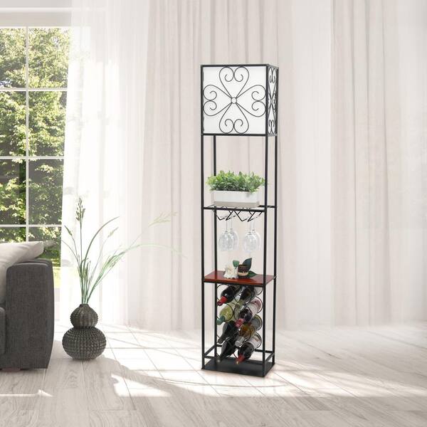 Elegant Designs Etagere Organizer Wood Accented Wine Rack Floor Lamp, Black