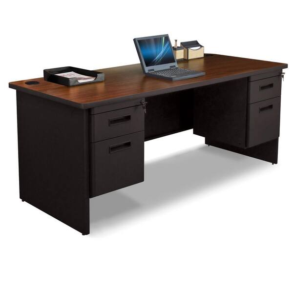 Unbranded 72 in. W x 30 in. D Mahogany Laminate and Black Double Pedestal Desk