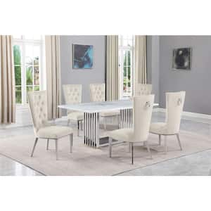 Lisa 7-Piece Rectangular White Marble Top Chrome Base Dining Set with Cream Velvet Chairs Seats 6
