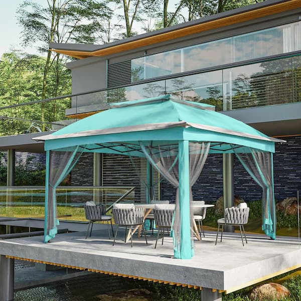 Zeus & Ruta 11 ft. x 11 ft. Aqua Blue Canopy Gazebo with Zeus & Ruta 11 ft. x 11 ft. Aqua Blue Canopy Gazebo with