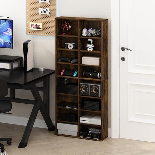 JAYA Amber Pine 16-Shelf Multimedia Media Storage Tower Rack with Adjustable Shelves