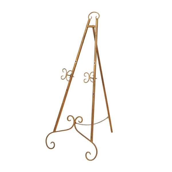46 in. Gold Metal Large Free Standing Adjustable Display Stand 3 Tier Scroll Easel with Chain Support