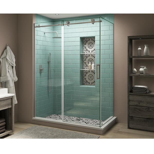 Aston 44 in. - 48 in. x 38 in. x 80 in. Frameless Corner Sliding Shower Enclosure Clear Glass in Stainless Steel Right