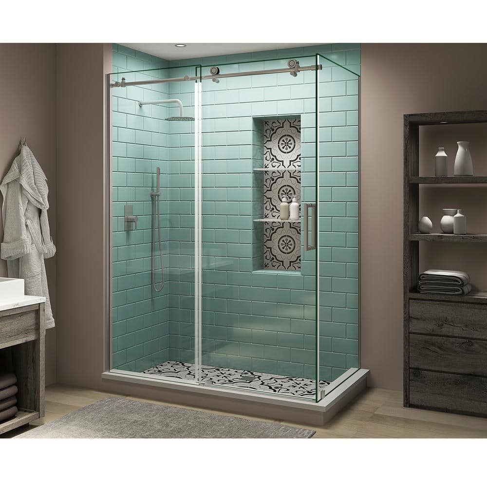 68 in. - 72 in. x 34 in. x 80 in. Frameless Corner Sliding Shower Enclosure Clear Glass in Stainless Steel Right price history on PriceWatchPro