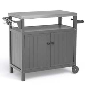 Outdoor Steel Grilling Carts with Storage for BBQ, Patio Cabinet with Wheels, Hooks and Side Shelf Gray
