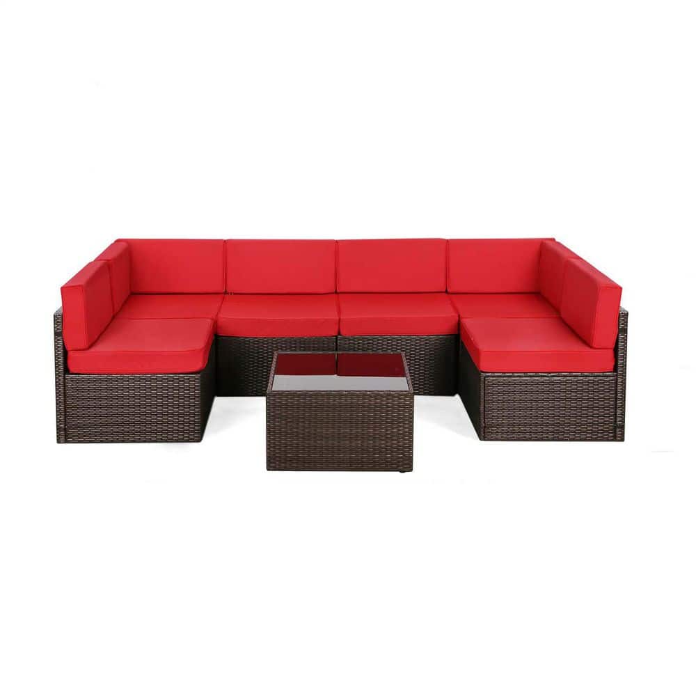 7-Pieces Brown Wicker Outdoor Sofa Sectional Set with Red Cushions and Coffee Table price history on PriceWatchPro