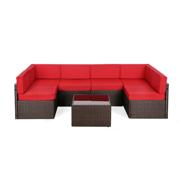 Sudzendf 7-Pieces Brown Wicker Outdoor Sofa Sectional Set with Red Cushions and Coffee Table
