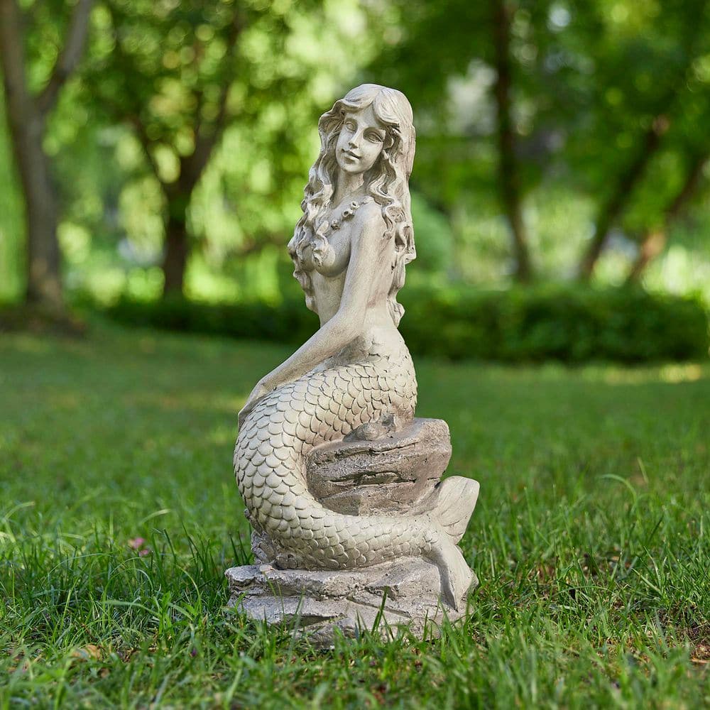 Glitzhome 20 in. H MGO Concrete Finish Mermaid Garden Statue