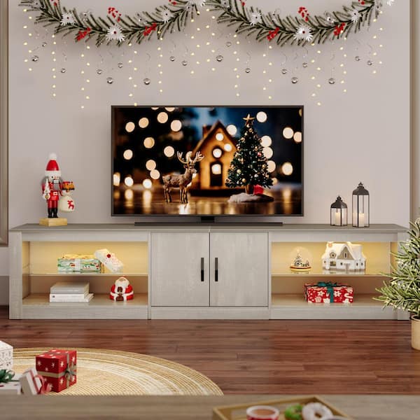 Bestier 80 in. Light Grey TV Stand Fits TV's Up to 85 in. with Cabinet and Adjustable Glass Shelves
