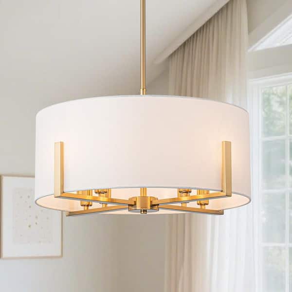 8 Light Gold Modern Traditional Drum Chandelier Hanging Light for Bedroom with White Fabric Shade, No Bulb Included