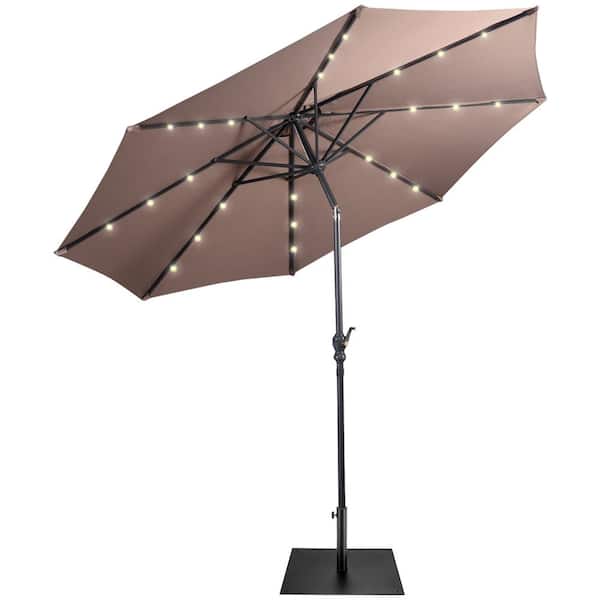 Costway 9 ft. Market Patio Umbrella in Tan with Solar Lights and 40 lbs. Steel Umbrella Stand