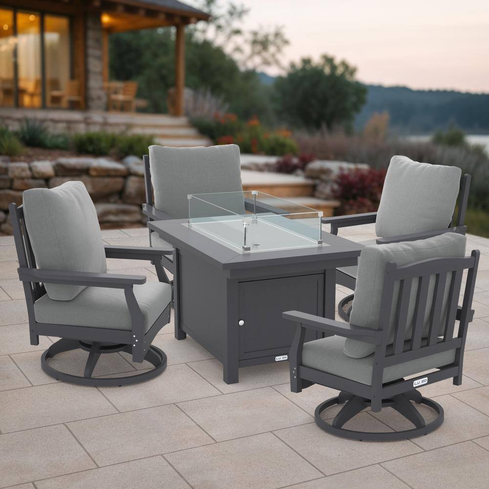 Gray HDPE 5-Piece Fire Pit Table Set with Cushioned Rock-Swivel Chairs