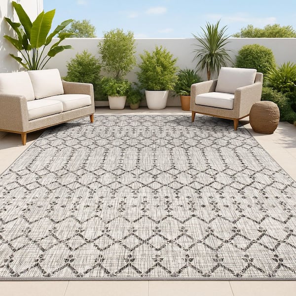 Ourika Moroccan Light Gray/Black 7 ft. 9 in. x 10 ft. Geometric Textured Weave Indoor/Outdoor Area Rug