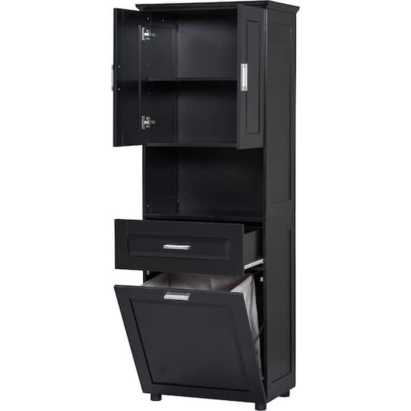 YSQCAR 25 in. W x 16.3 in. D x 70 in. H Black MDF Freestanding Linen Cabinet with Door and Drawers, Shelf