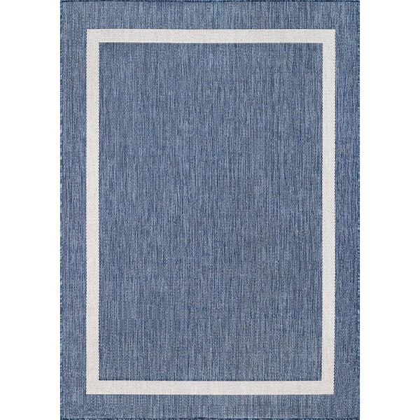 8 X 10 Blue White Waikiki Modern Bordered Indoor Outdoor Area Rug