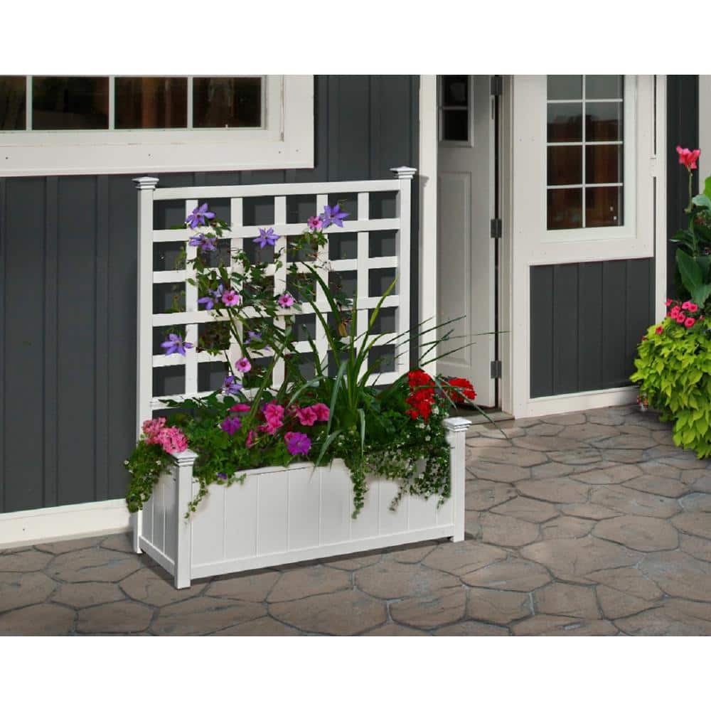 White Vinyl Outdoor Planter Box with Trellis
