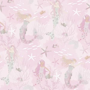 Tiny Tots 2-Collection Pink/Grey Glitter Finish Kids Mermaid Design Non-Woven Paper Wallpaper Roll