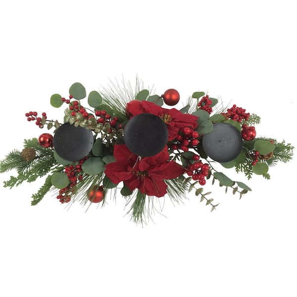 Northlight 32 in. Triple Candle Holder with Red Berry and Poinsettia Christmas Decor