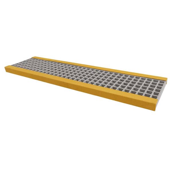Gray and Yellow, 12 in. x 48 in. Fiberglass Molded Grating Stair Tread Covers, Gritted, Edged, Interior/Exterior