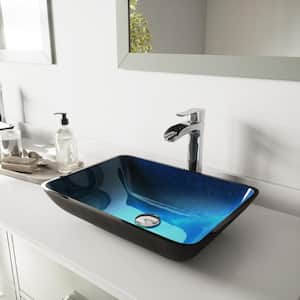 Glass Rectangular Vessel Bathroom Sink in Turquoise Blue with Niko Faucet and Pop-Up Drain in Chrome