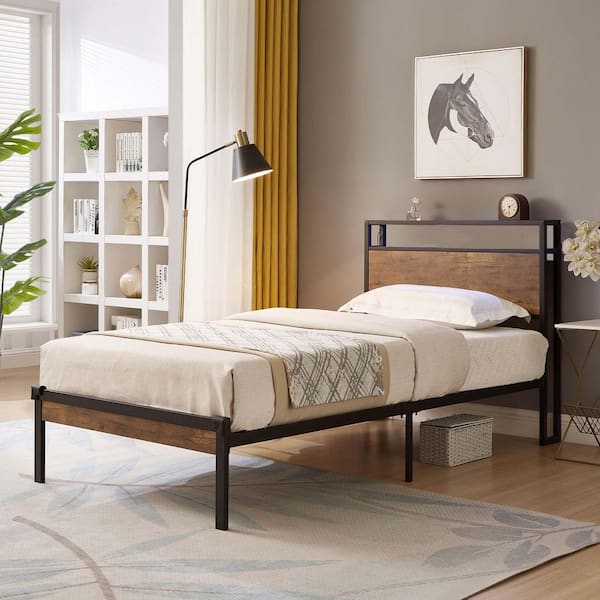 Black Metal Frame Twin Size Platform Bed with Wood Headboard and Footboard with USB LINER