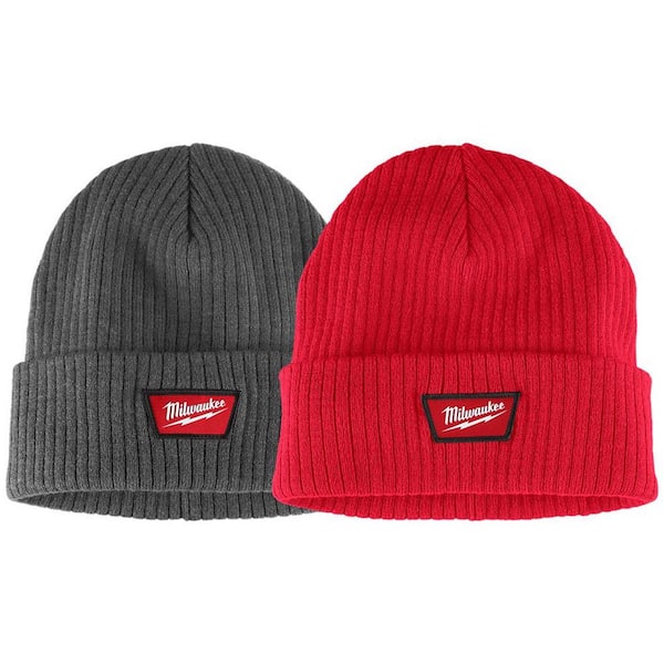 Men's Gray and Red Rib-Knit Cuffed Beanie Cap (2-Pack)