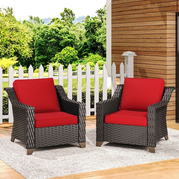 Patio Wicker Outdoor Lounge Chair with Thick Baby Red Cushions (2-Piece)