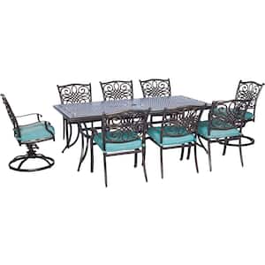 Traditions 9-Piece Aluminum Outdoor Rectangular Patio Dining Set and 2 Swivel Rockers with Blue Cushions