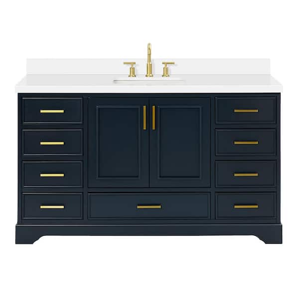Stafford 60 in. W x 22 in. D x 36 in. H Single Sink Freestanding Bath Vanity in Midnight Blue with Pure White Quartz Top