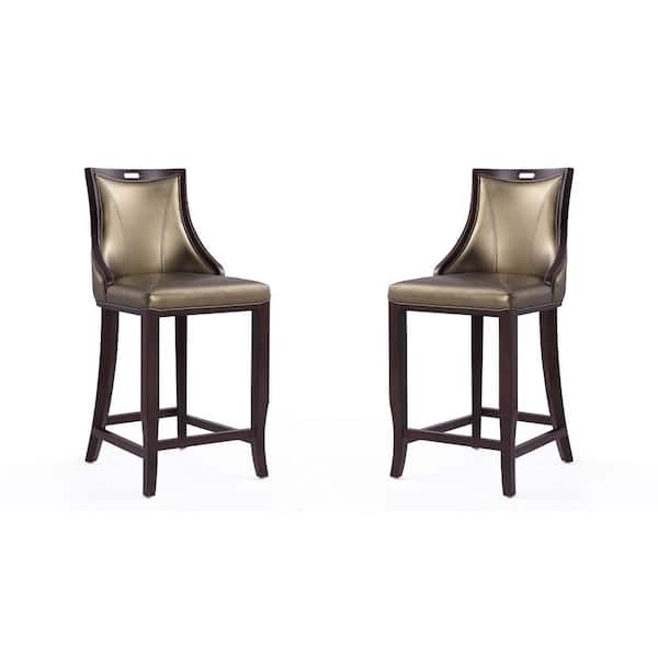 Manhattan Comfort Emperor 27 in. Bronze and Walnut Beech Wood Bar Stool with Faux Leather Upholstered Seat (Set of 2)