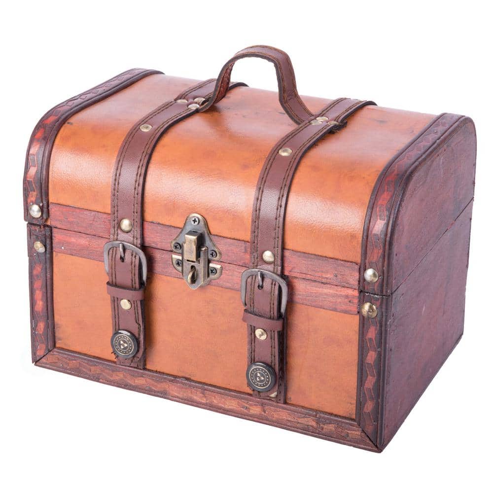 Large Brown Faux Leather and Wood Storage Trunk