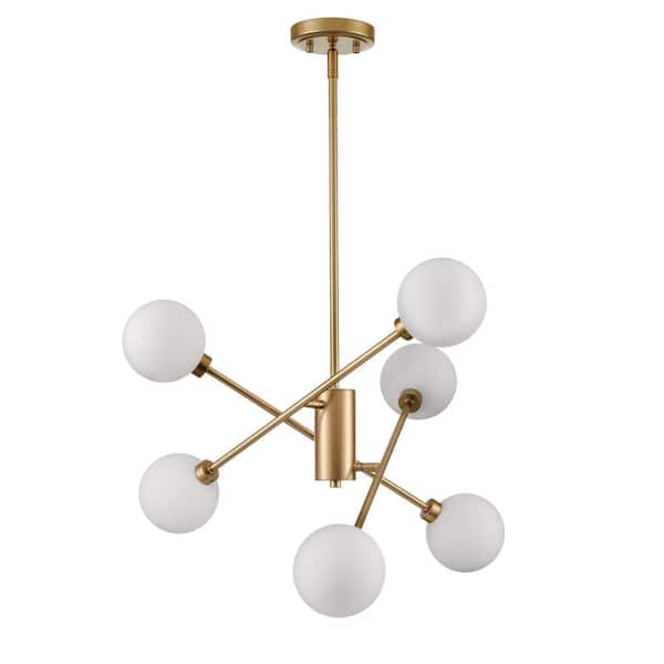 6 Lights Modern Glass Globe Chandelier Mid Century Brass Branches Milky White Ball Lampshade Chandelier
