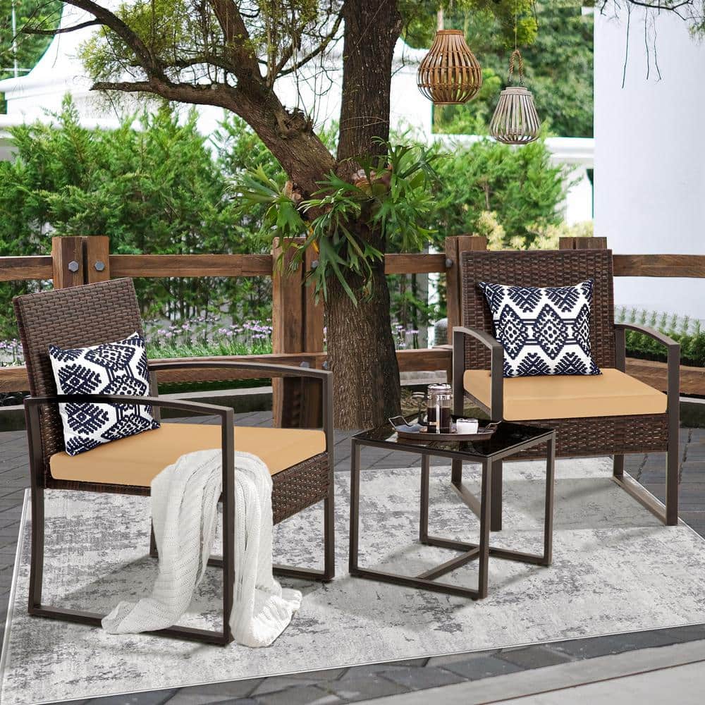 3-Piece Wicker Outdoor Sectional Sofa, Conversation Sets with Brown Cushion
