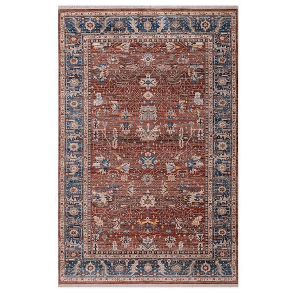 9 ft. x 13 ft. Red Beige And Blue Oriental Area Rug With Fringe