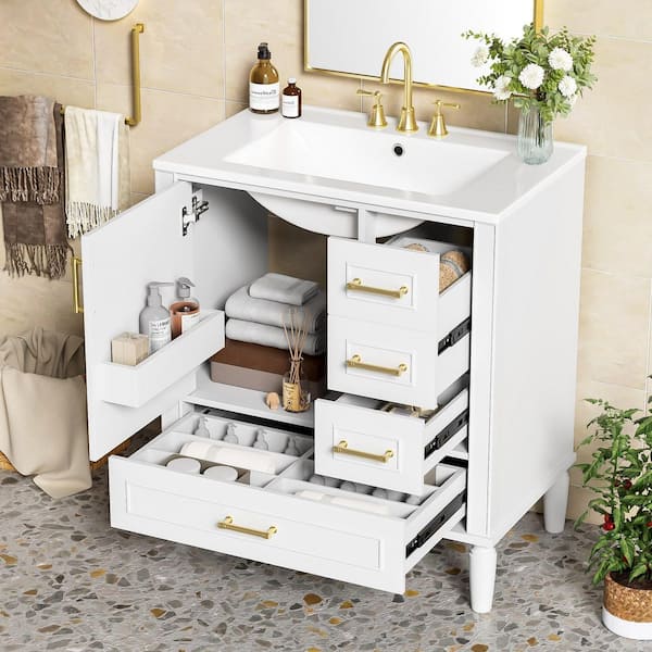 30 in. Single Sink Freestanding White Bath Vanity with White Ceramic Top, 3-Drawers, Soft Close Doors, Unassembled