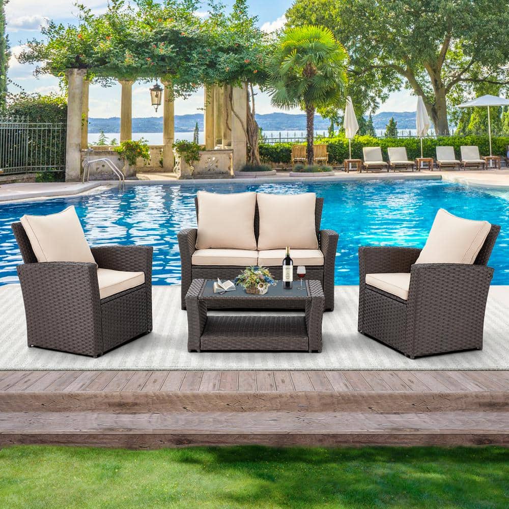 4 Piece All-Weather Wicker Outdoor Sectional Sofa Set with Khaki Cushion, f