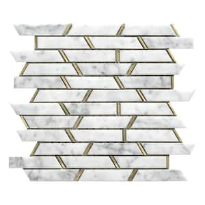 Monte Carlo White Backsplash 13.77 in. x 11.81 in. Marble Brass Trapezium Mosaic Wall Tile (11.29 sq. ft./Case)