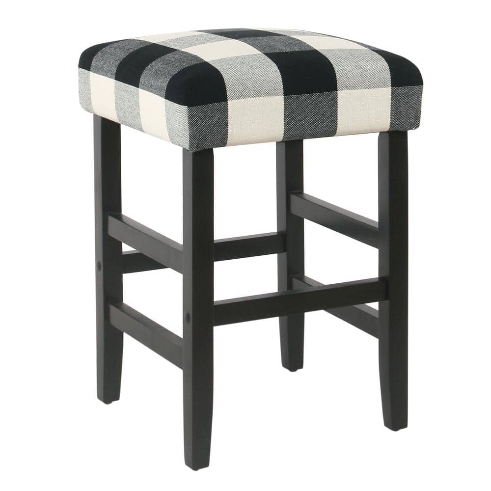 Black and White Plaid Wood Backless Counter Stool