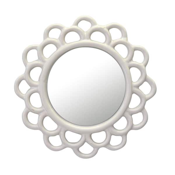 Stonebriar Collection 9 in. x 9 in. Decorative Round Ivory White Cutout Ceramic Wall Hanging Mirror